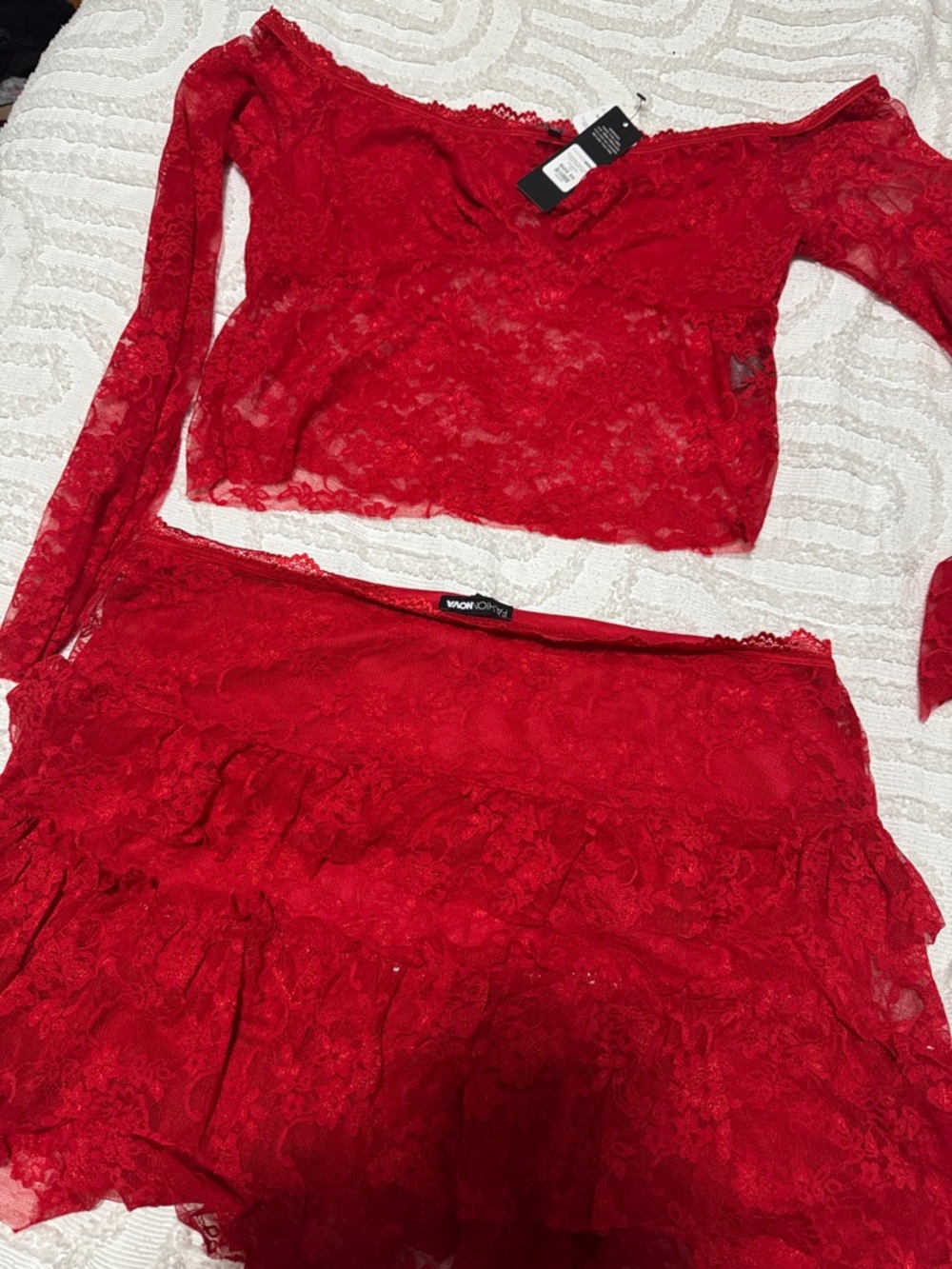 Bold Red Lace Mini Skirt Set